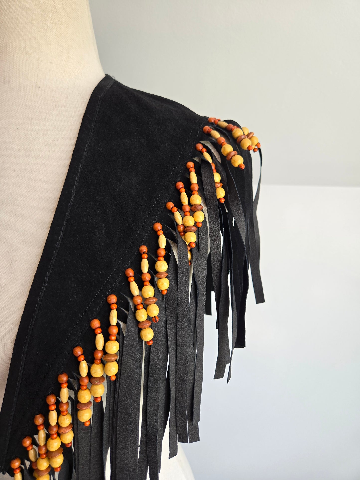 Vintage Braefair Leather Fringe and Wood Bead Shoulder Shawl - OS
