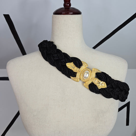 Vintage 80s Motion East Black Rope Belt with Gold and Pearl Accent - S/M