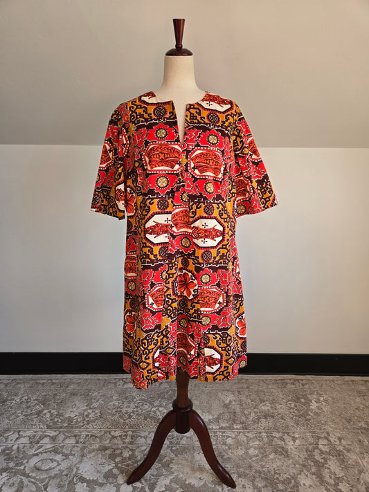 Vintage Barkcloth Red Hawaiian Print Dress - XL
