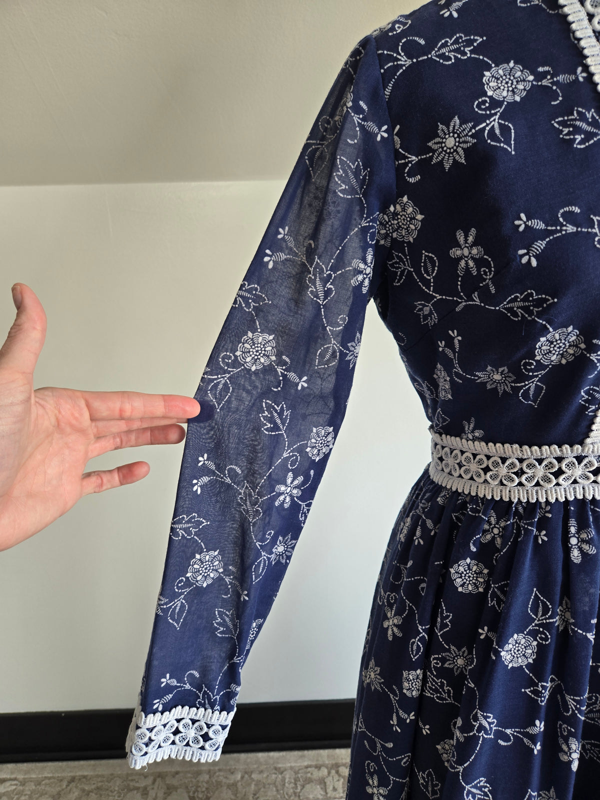Vintage 70s Navy Blue Floral Embroirdered Maxi Dress - S/M