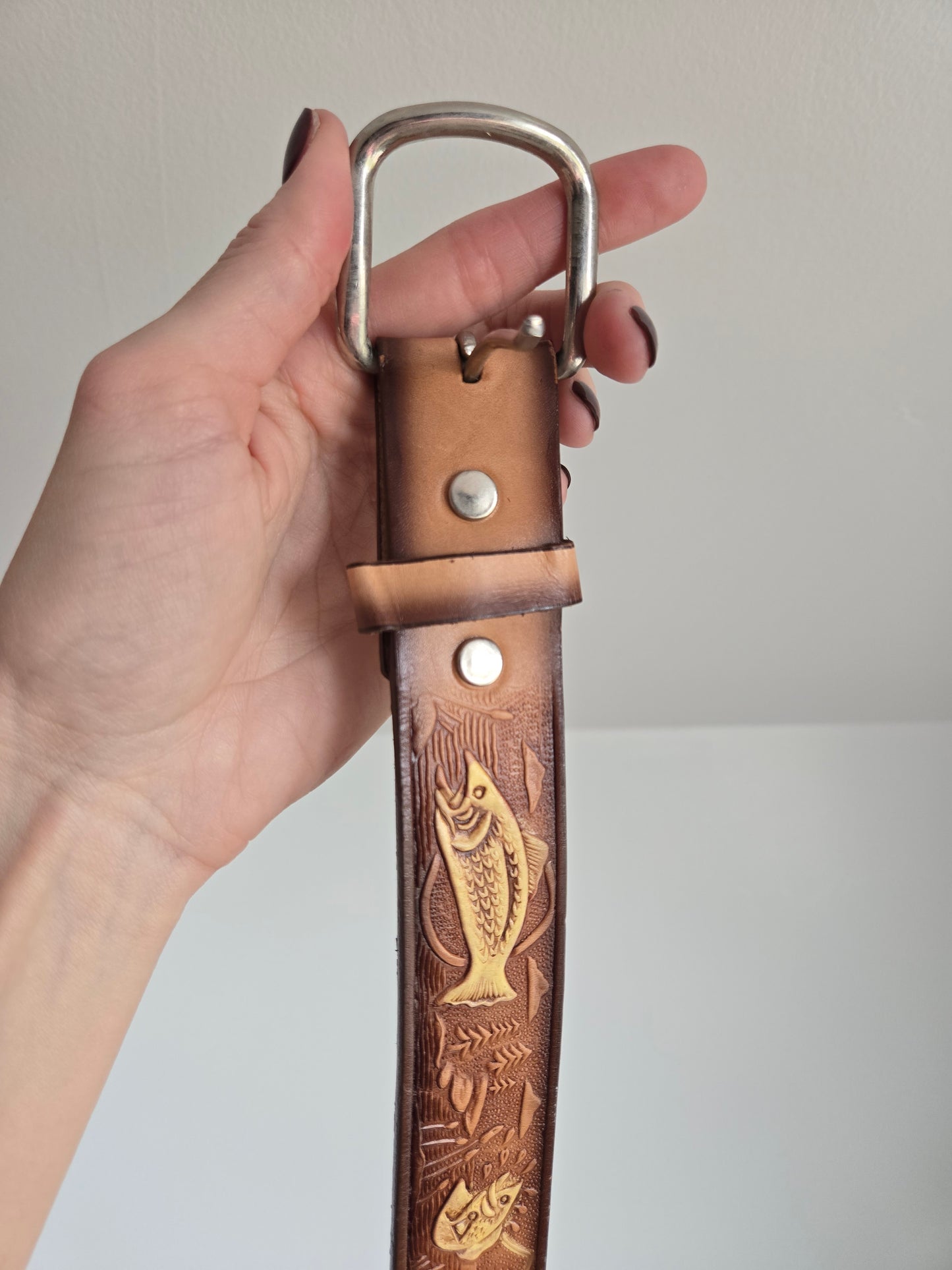 Made in Mexico Tooled Leather Belt in Fishing Pattern - W28-32"