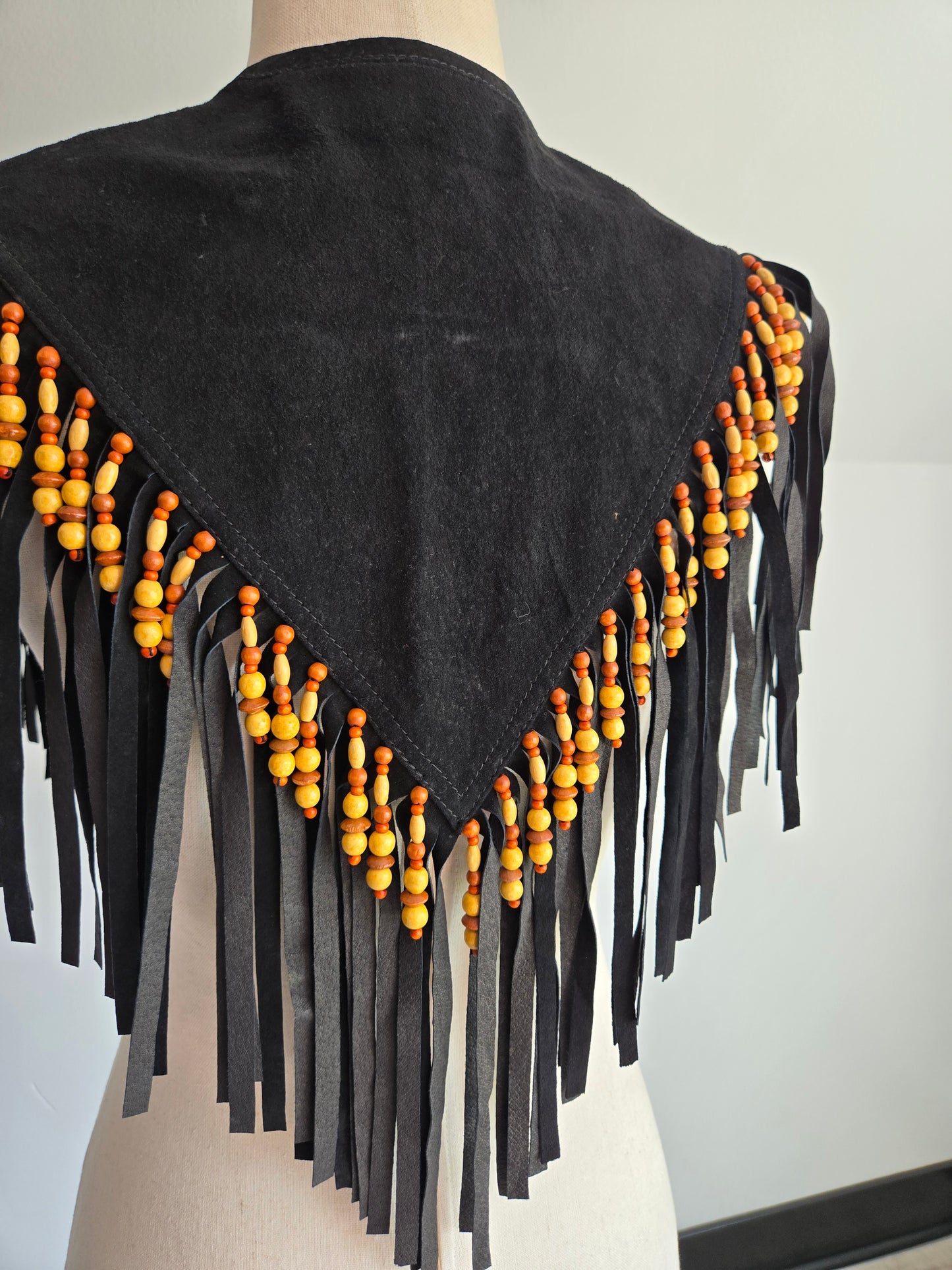 Vintage Braefair Leather Fringe and Wood Bead Shoulder Shawl - OS
