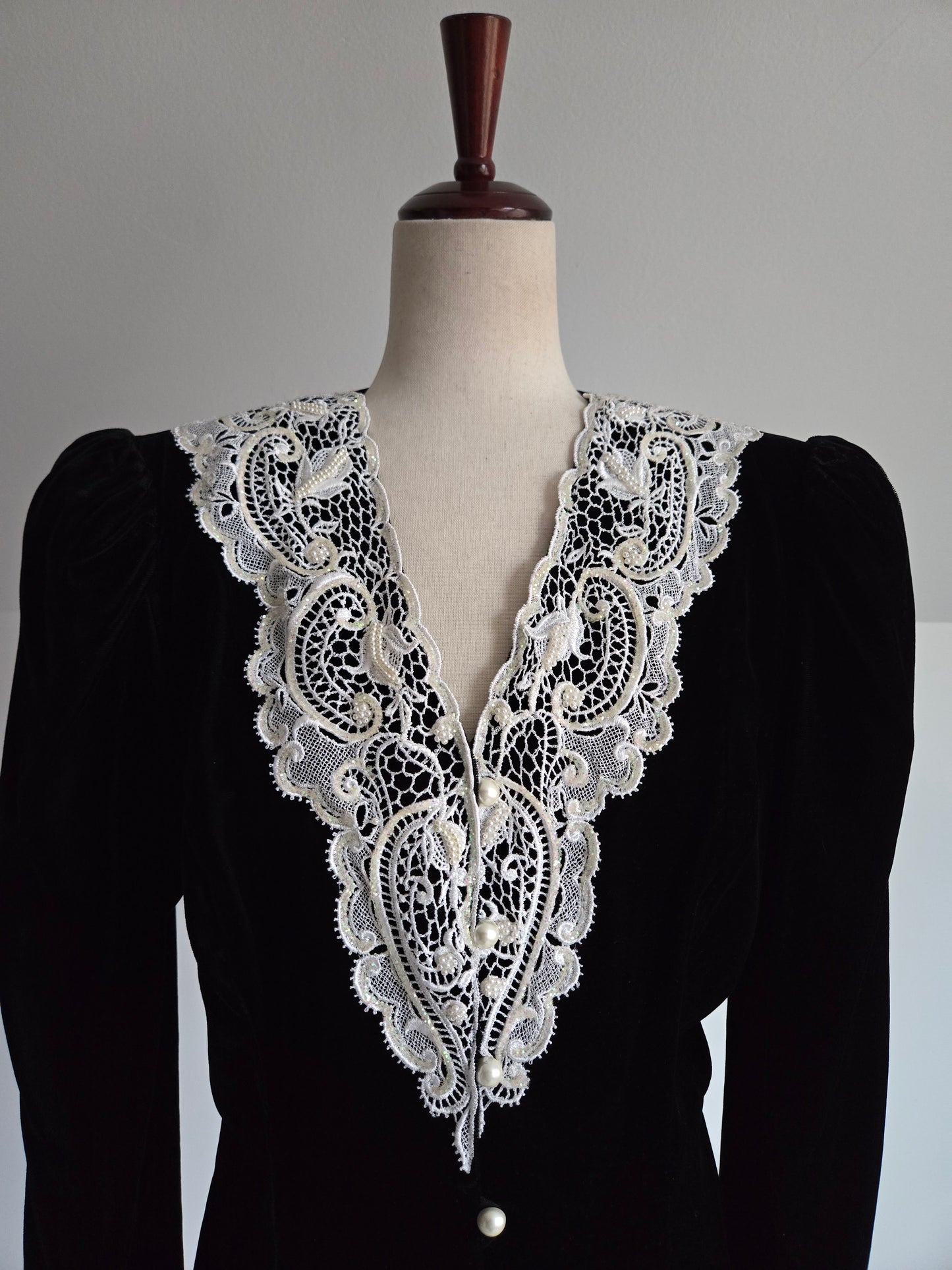 Black Velvet Blazer with Lace and Pearls - Medium/Large