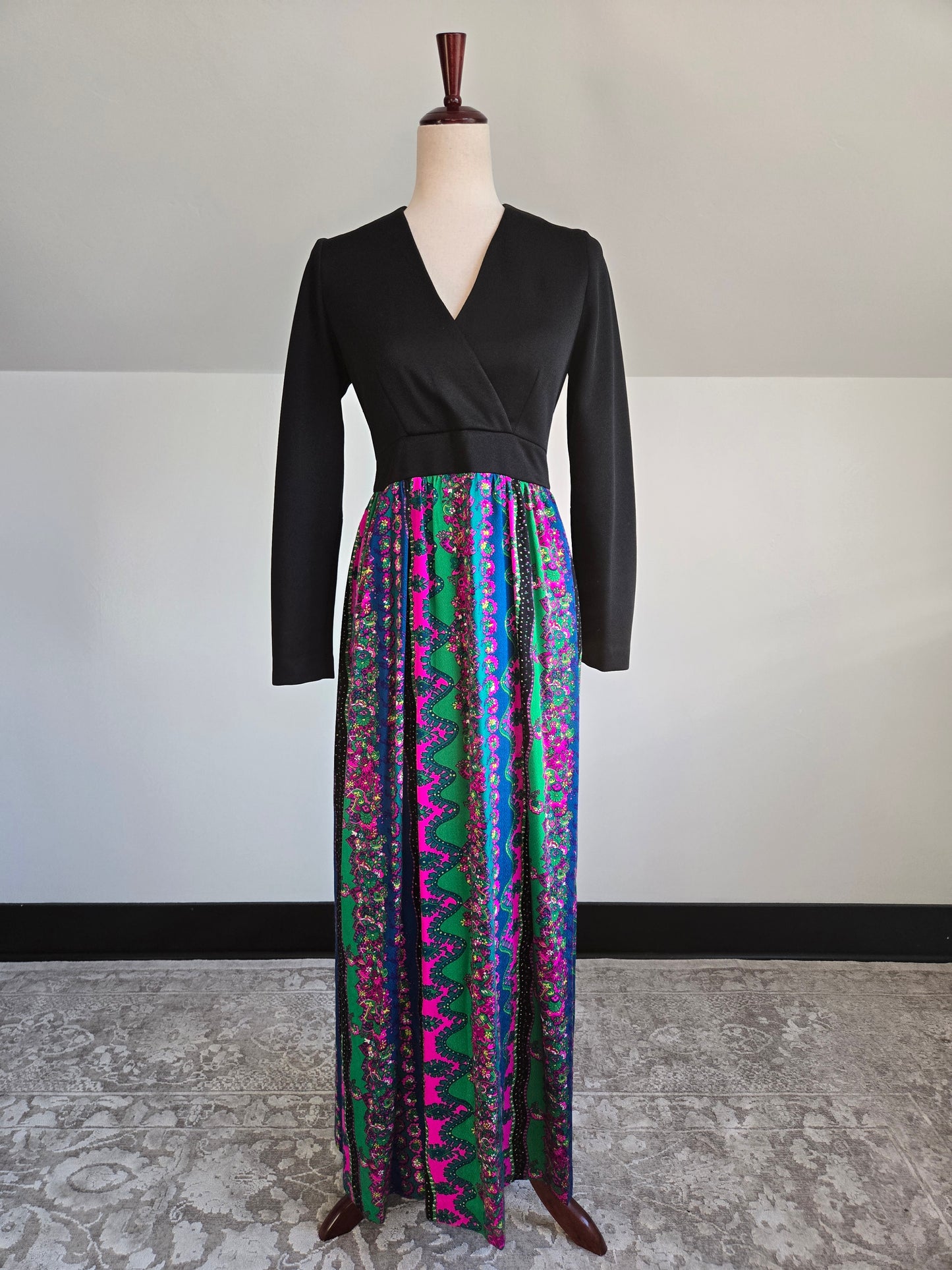 Vintage 70s Black Maxi Dress with Barkcloth Skirt - small