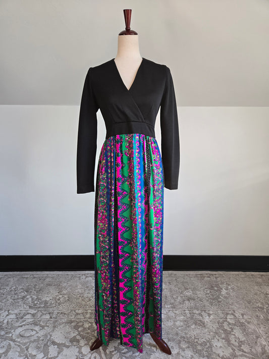 Vintage 70s Black Maxi Dress with Barkcloth Skirt - small