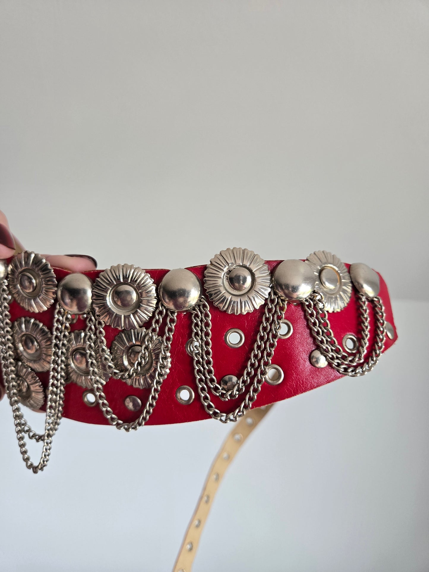 Vintage Red Leather Belt with Silver Coins and Chains - W26-36"