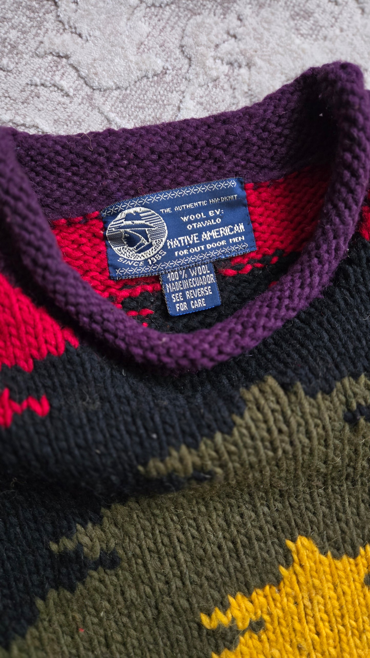 Otavalo Hand Knit Wool Rainbow Tree Native American for Outdoor Men Sweater - Large