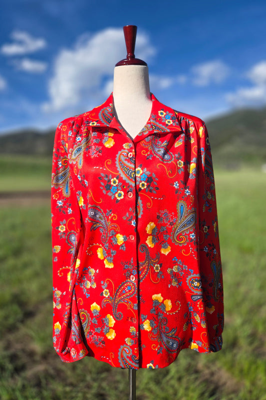 Ro-Vel of California Vintage 70s Red Paisley and Floral Print Top - large