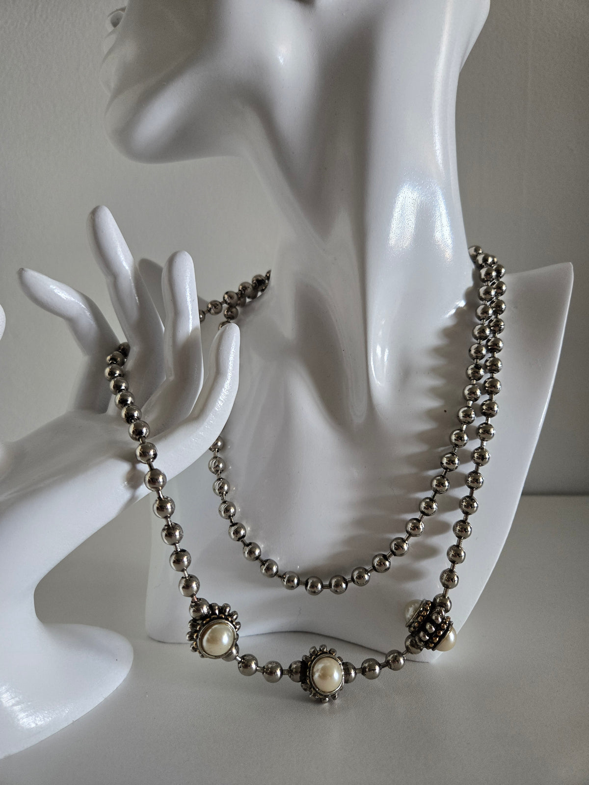 Vintage Metal Bead Necklace with Pearl Cabs
