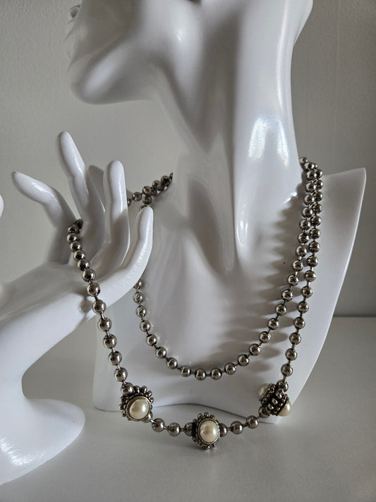 Vintage Metal Bead Necklace with Pearl Cabs