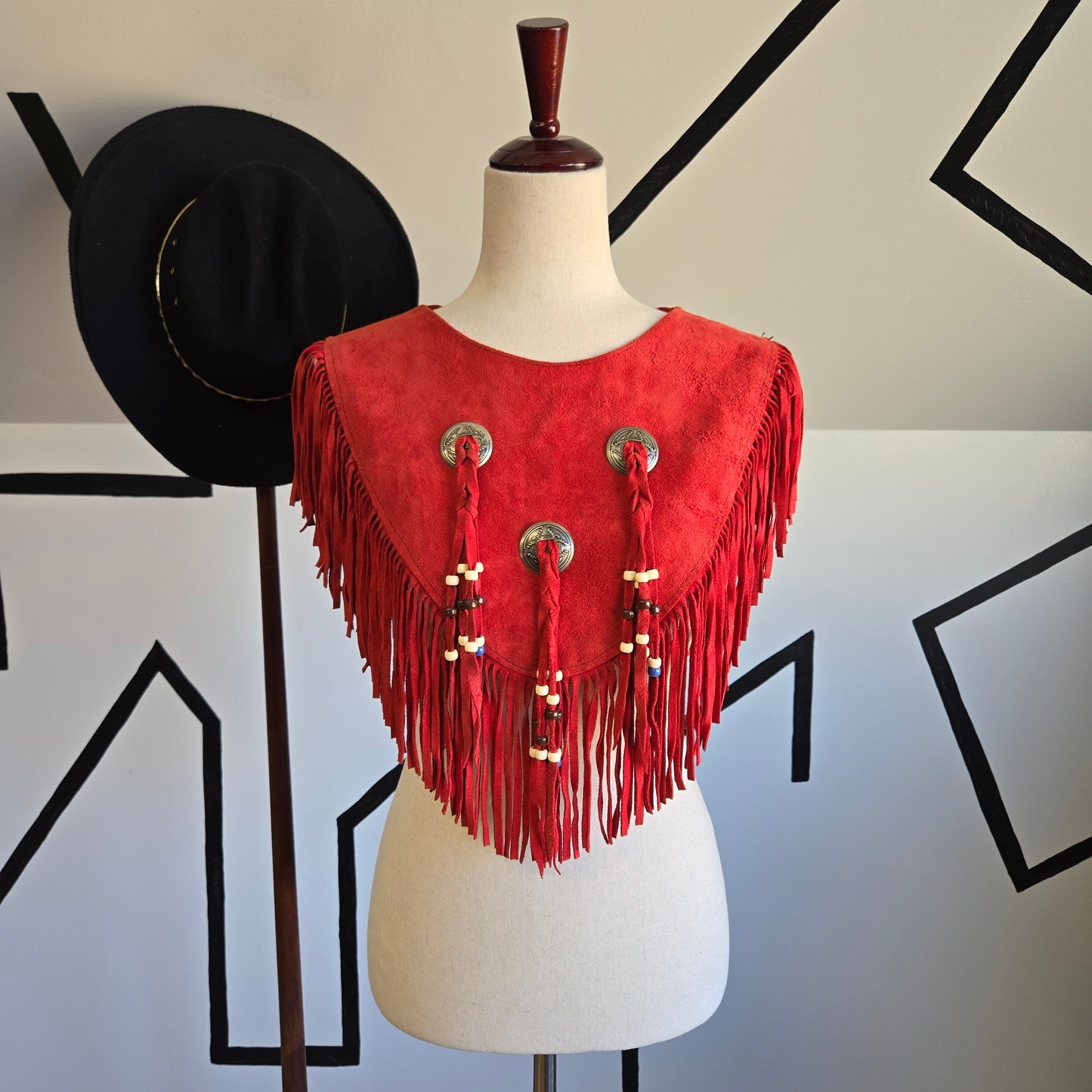 Steer Brand Red Genuine Suede Leather Fringe Cape - OS