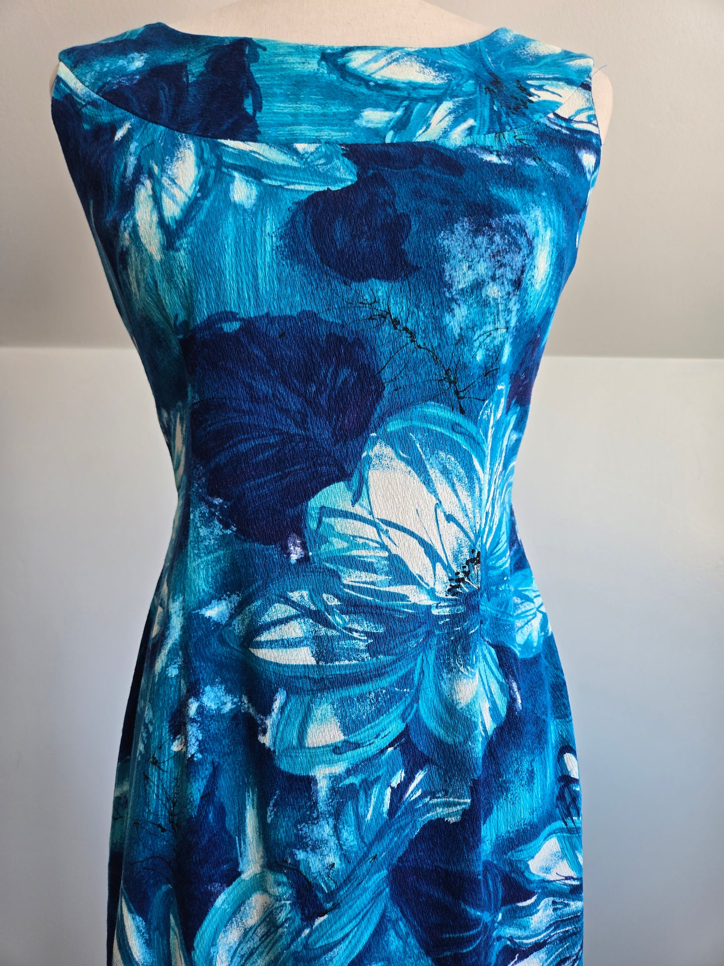 Royal Hawaiian Barkcloth Blue Floral Made in Hawaii Dress - Small