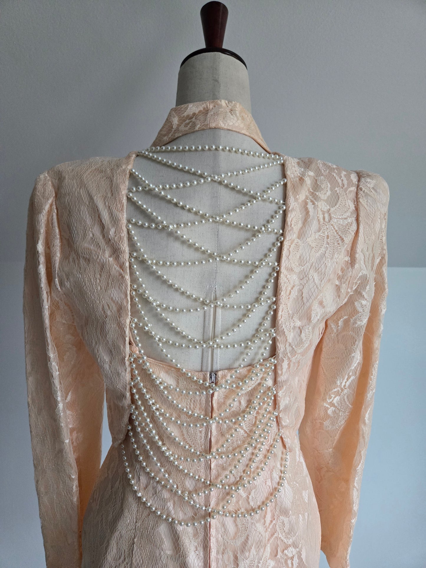 New Leaf Vintage 80s Peach Lace Dress and Pearl Bolero - Small