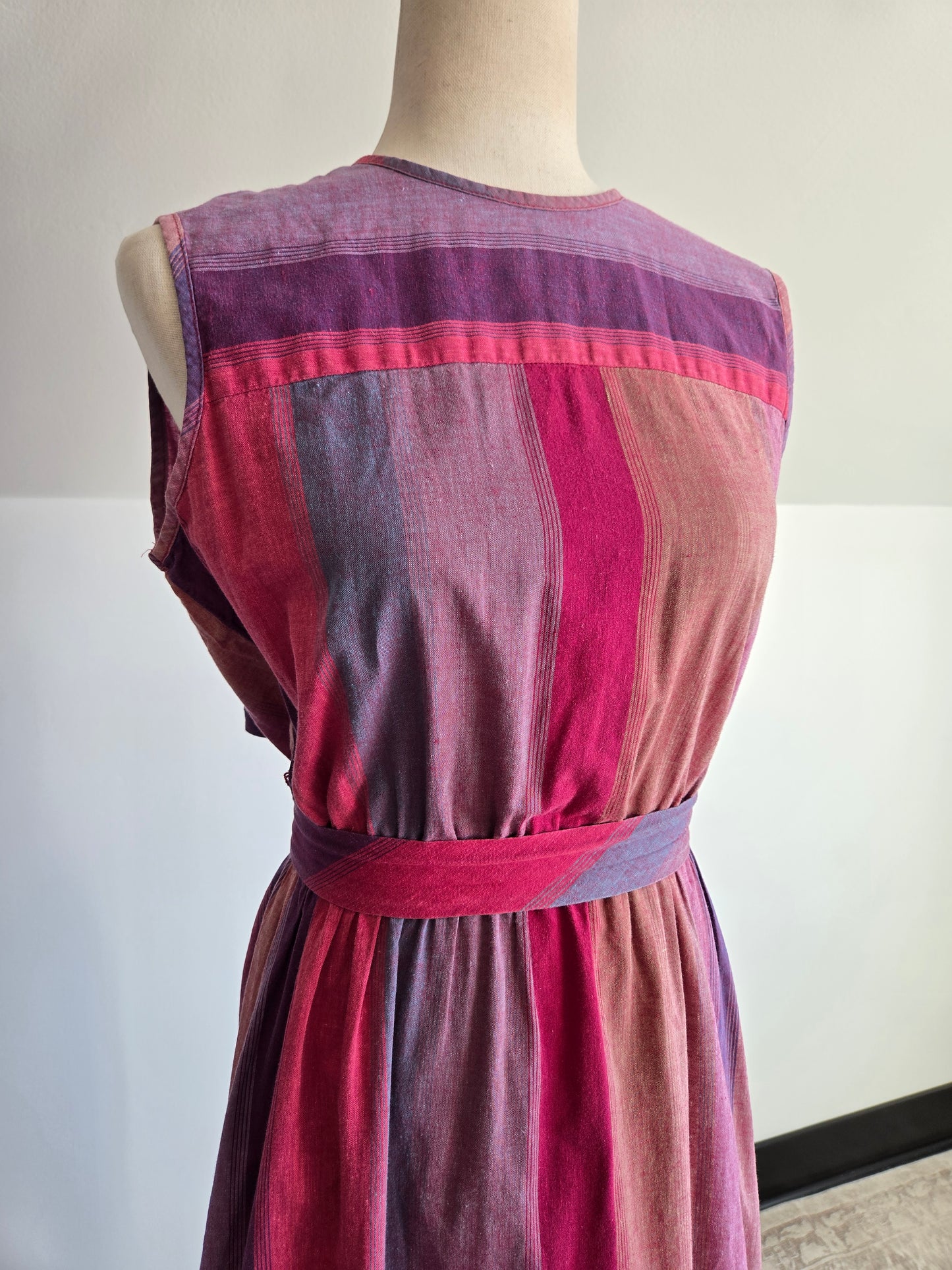 Checkaberry Vintage Cotton Colorful Stripe Dress with Belt - S/M
