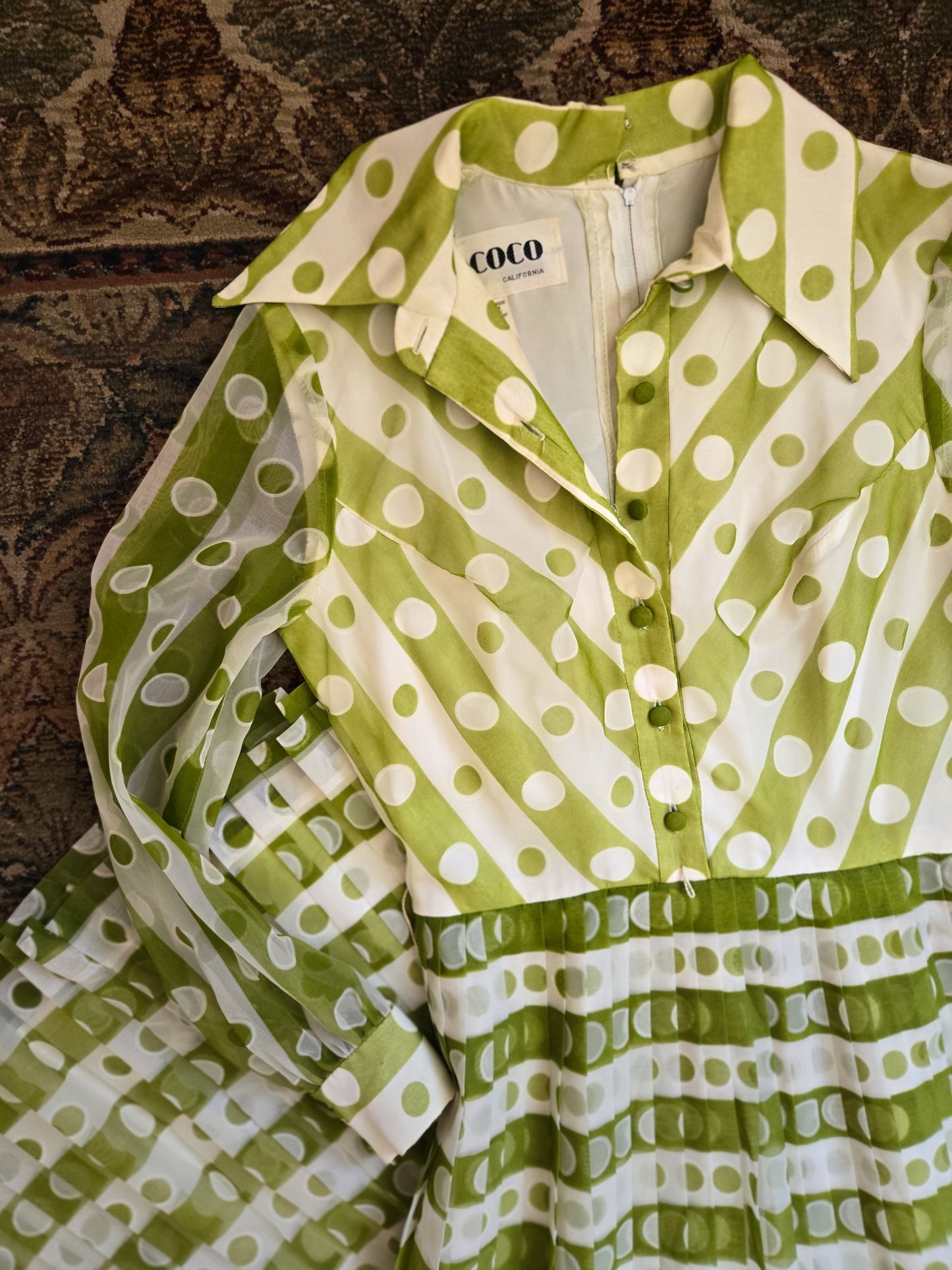 Coco California Vintage 1970s Green and White Polka Dot Stripe Dress -