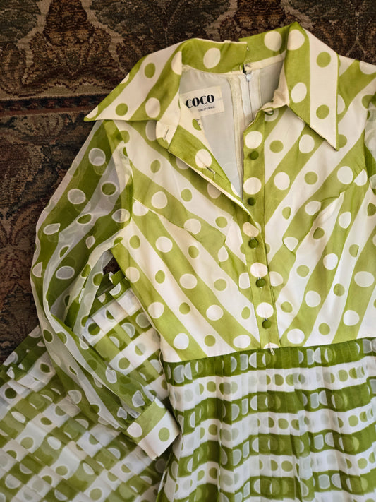 Coco California Vintage 1970s Green and White Polka Dot Stripe Dress -