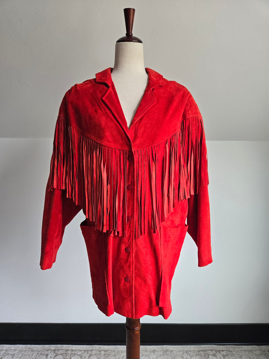 Vintage Red Pig Suede Fringe Jacket Made in Korea - M/L