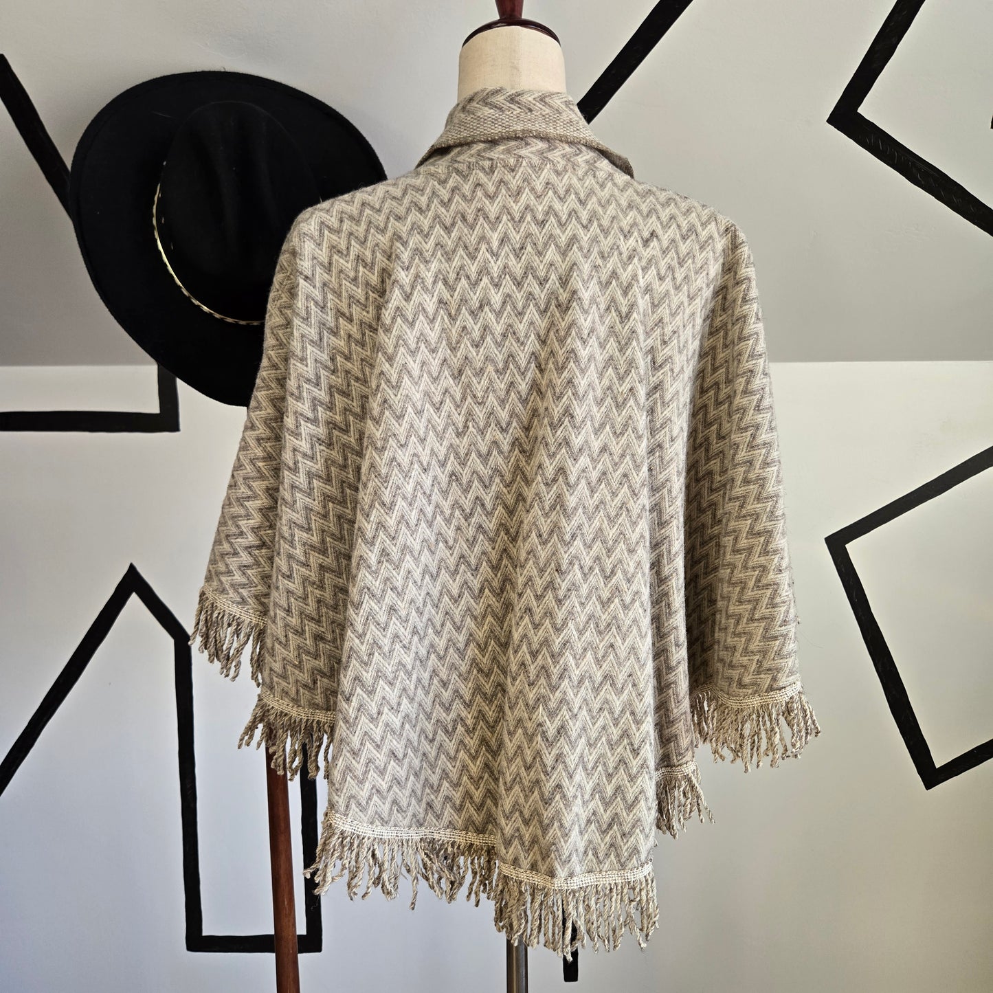 Wool 1950s Button Front Chevron Poncho - OS