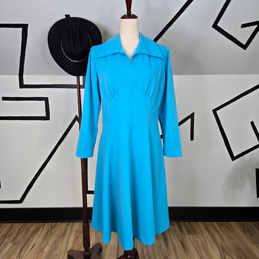 Joan Curtis 1970s Turquoise Collared Princess Shape Dress - Large/XL