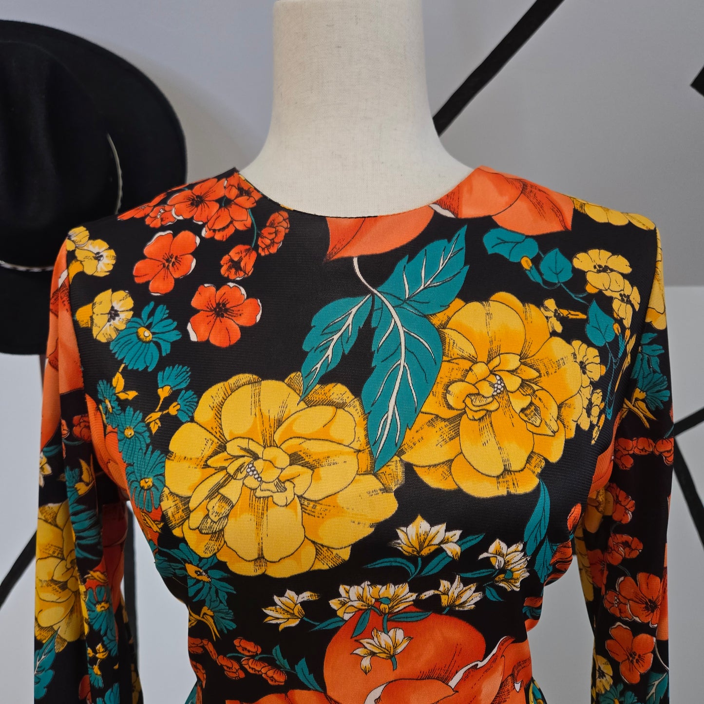 Fritzi of California Vintage 70s Black Based Bright Floral Dress with Waist Tie - medium