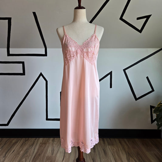 Vanity Fair Vintage Pink Slip Dress with Gorgeous Lace Detailing - Small/Medium