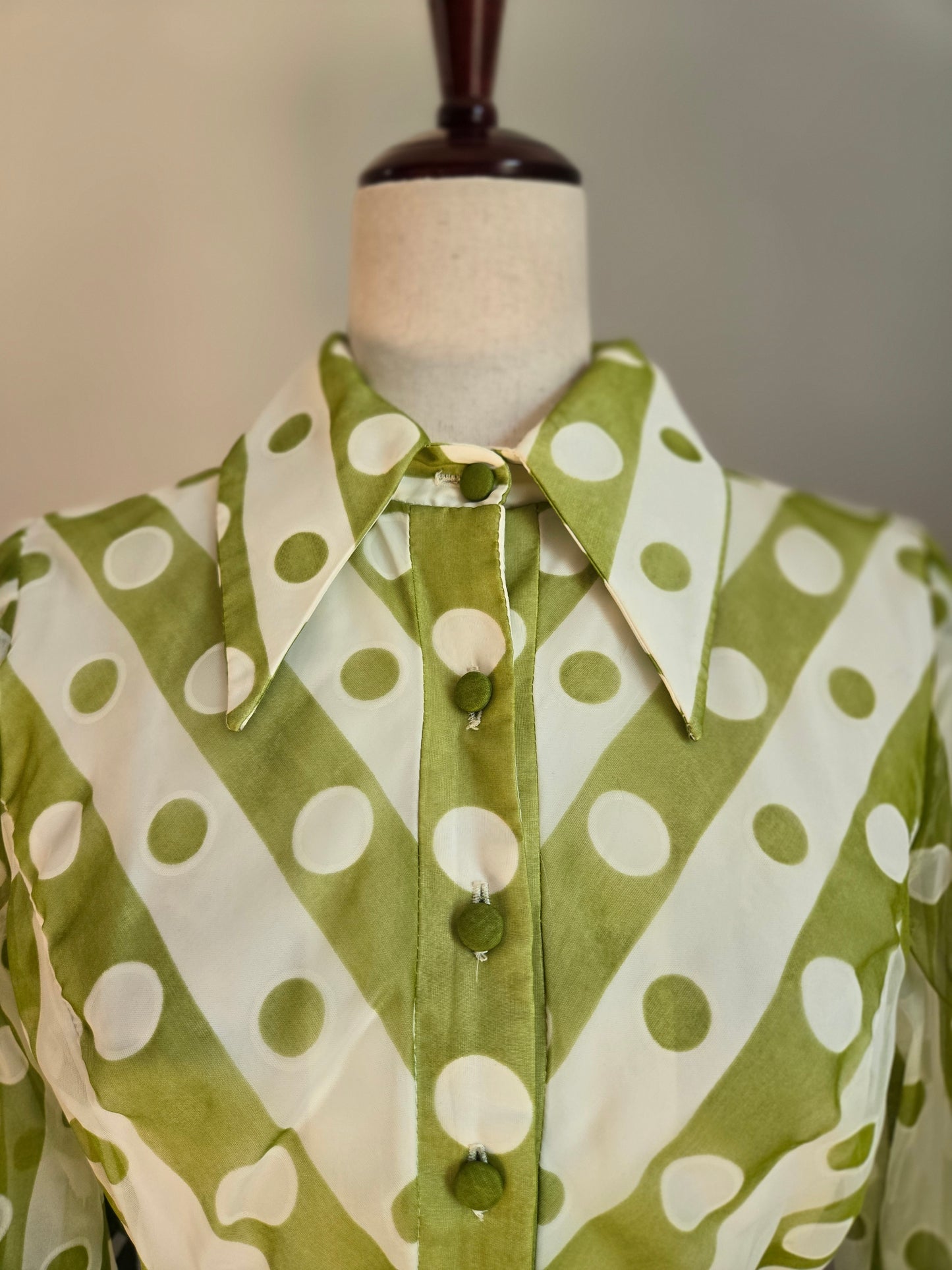 Coco California Vintage 1970s Green and White Polka Dot Stripe Dress -