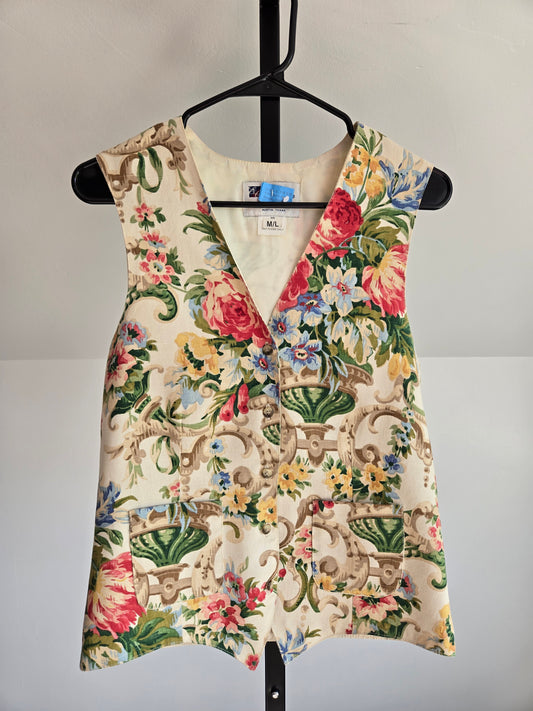 E Claire Vintage Cotton Floral Vest in Ivory - S/M