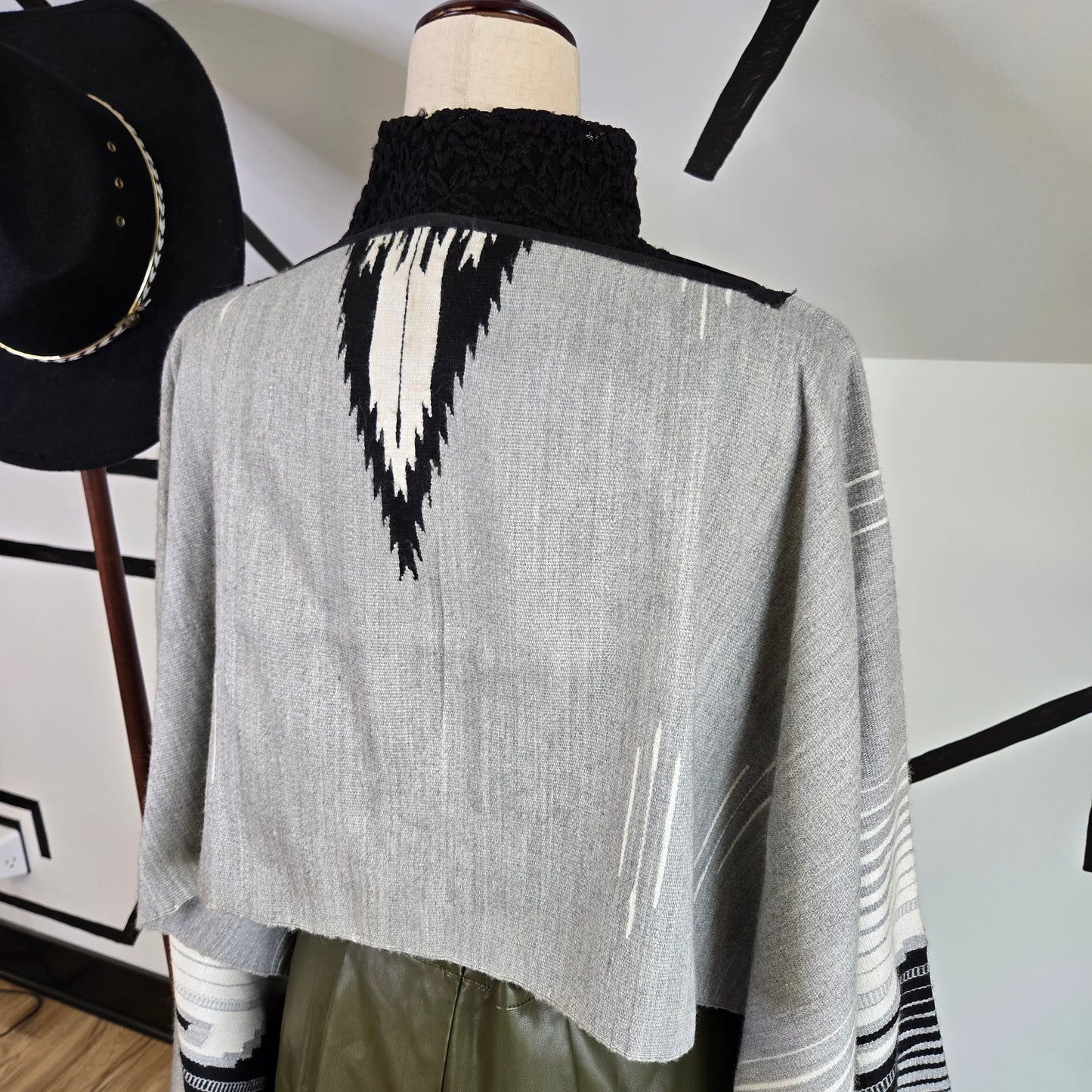 Southwest Cropped Shoulder Shawl in a Neutral Gray and Black Western Pattern - OS