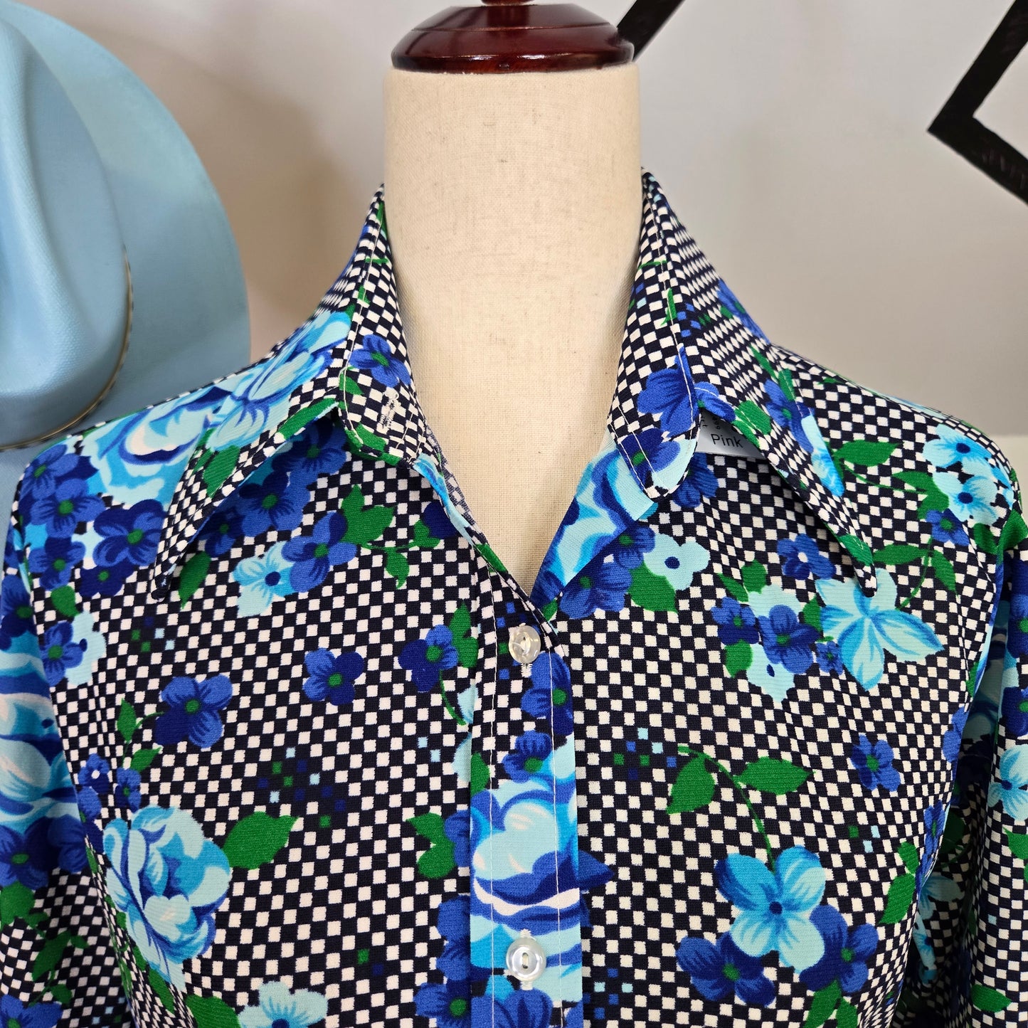 Vintage 1960s Checkers and Florals Dayglo Top made in Korea - medium