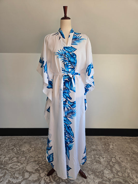 Resort Line White and Blue Hawaiian Caftan with Waist Tie - large