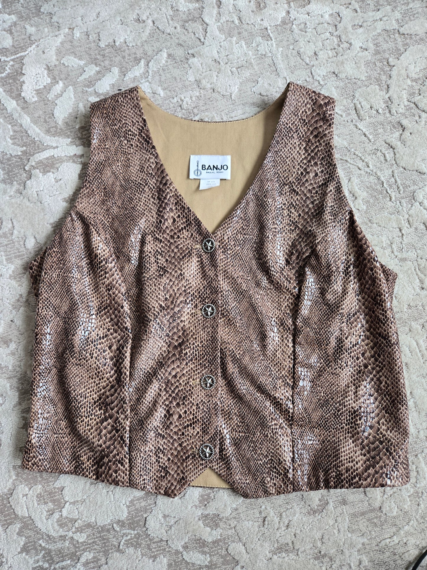 Banjo Dallas, TX Vintage 80s Western Snake Skin Print Vest -