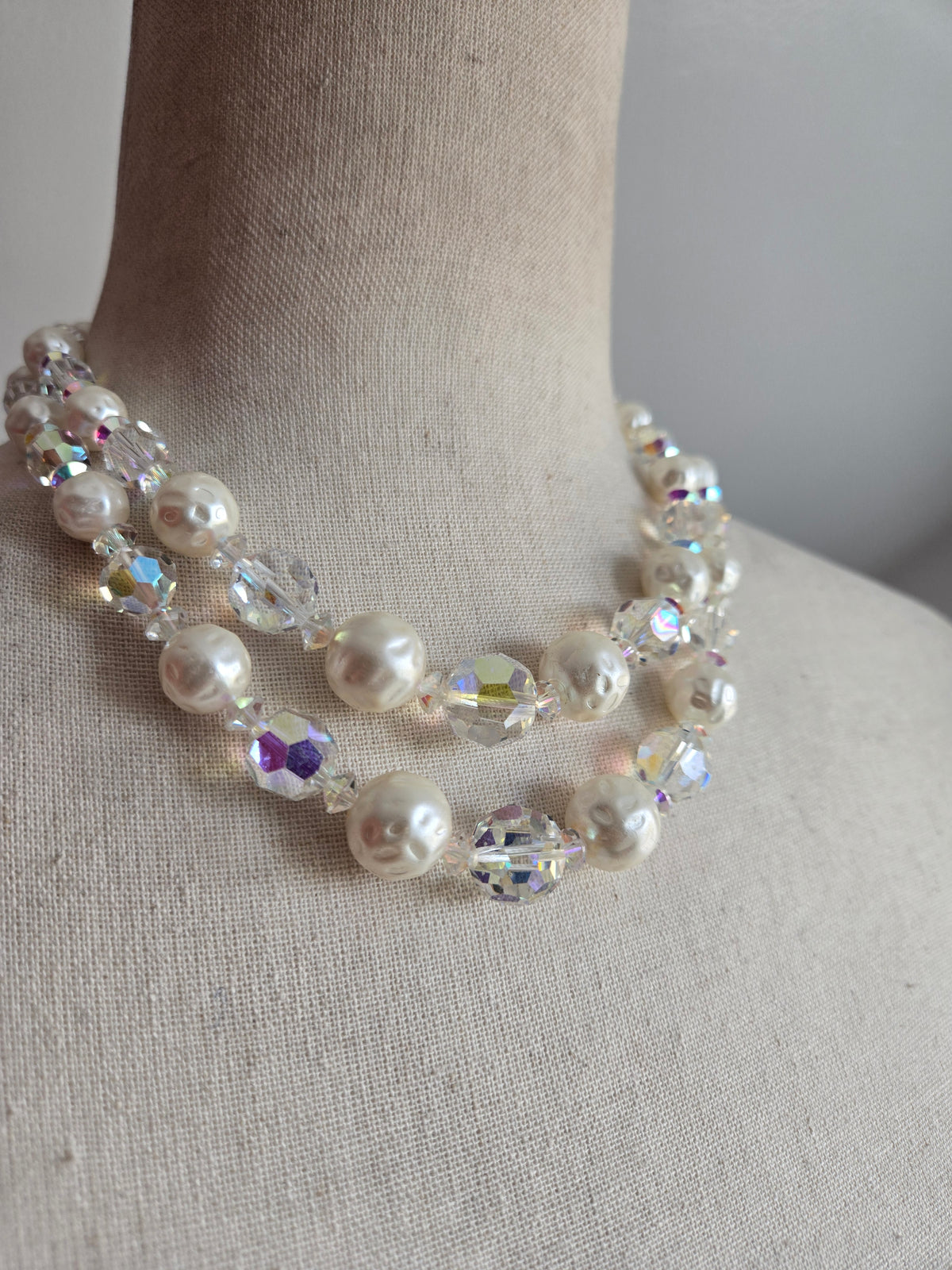 Vintage AB Crystal and Pearl Two-Strand Necklace