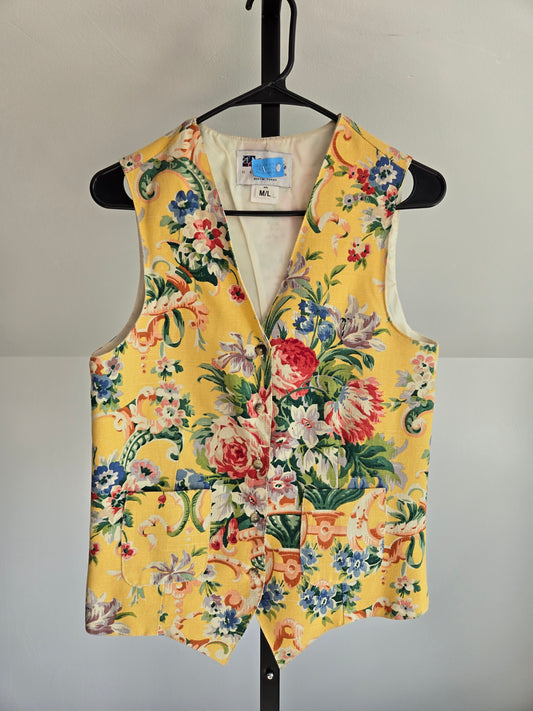E Claire Vintage Cotton Floral Vest in Yellow - S/M