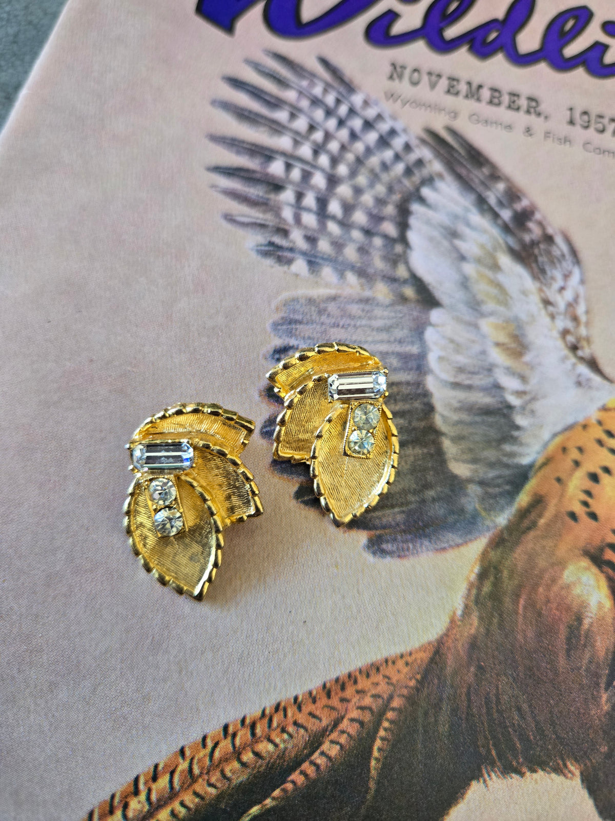 BSK Signed Vintage Leaf and Rhinestone Earrings - Clip Ons