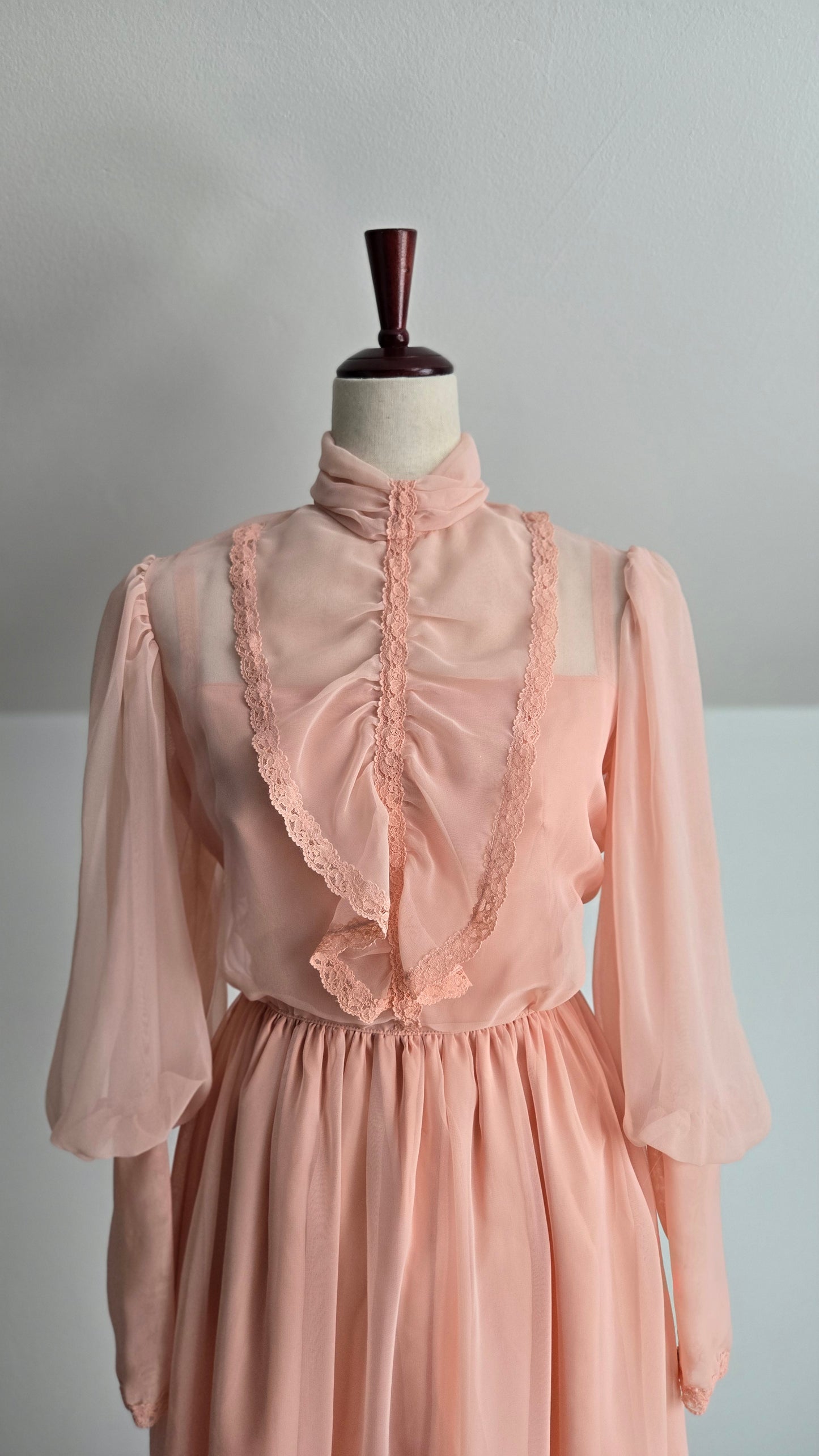 Peachy Pink 1970s Vintage Edwardian Style Dress - small