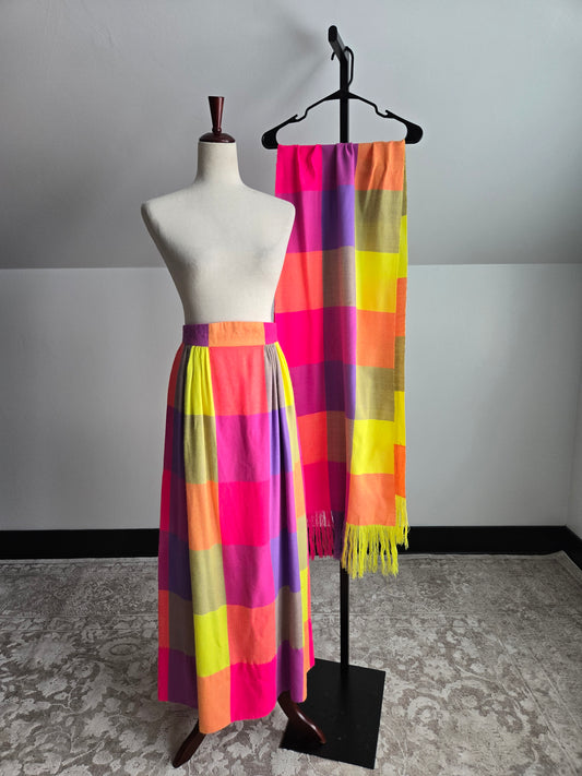 Vintage 70s Neon Plaid Matching Skirt and Scarf Set - W28"