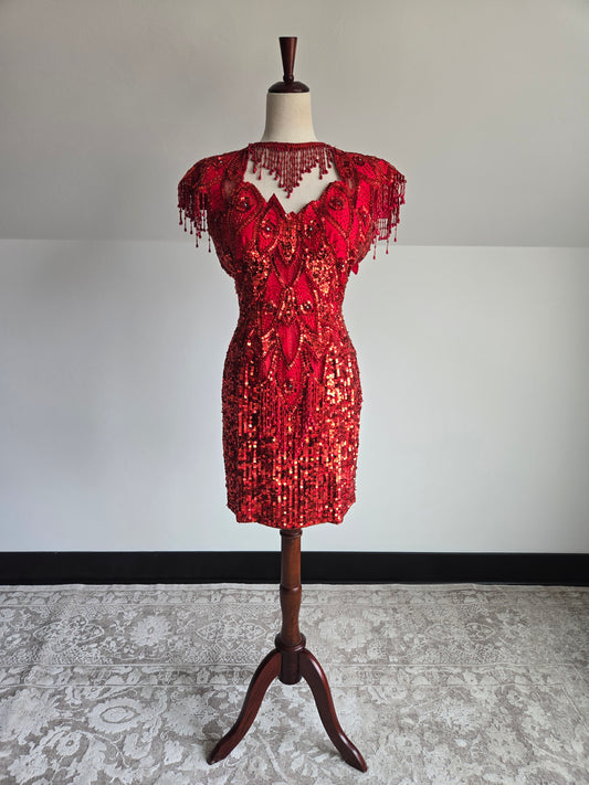 Miss Kansas Estate Vintage Red Beaded and Sequined Hand Made Dress - XS/S