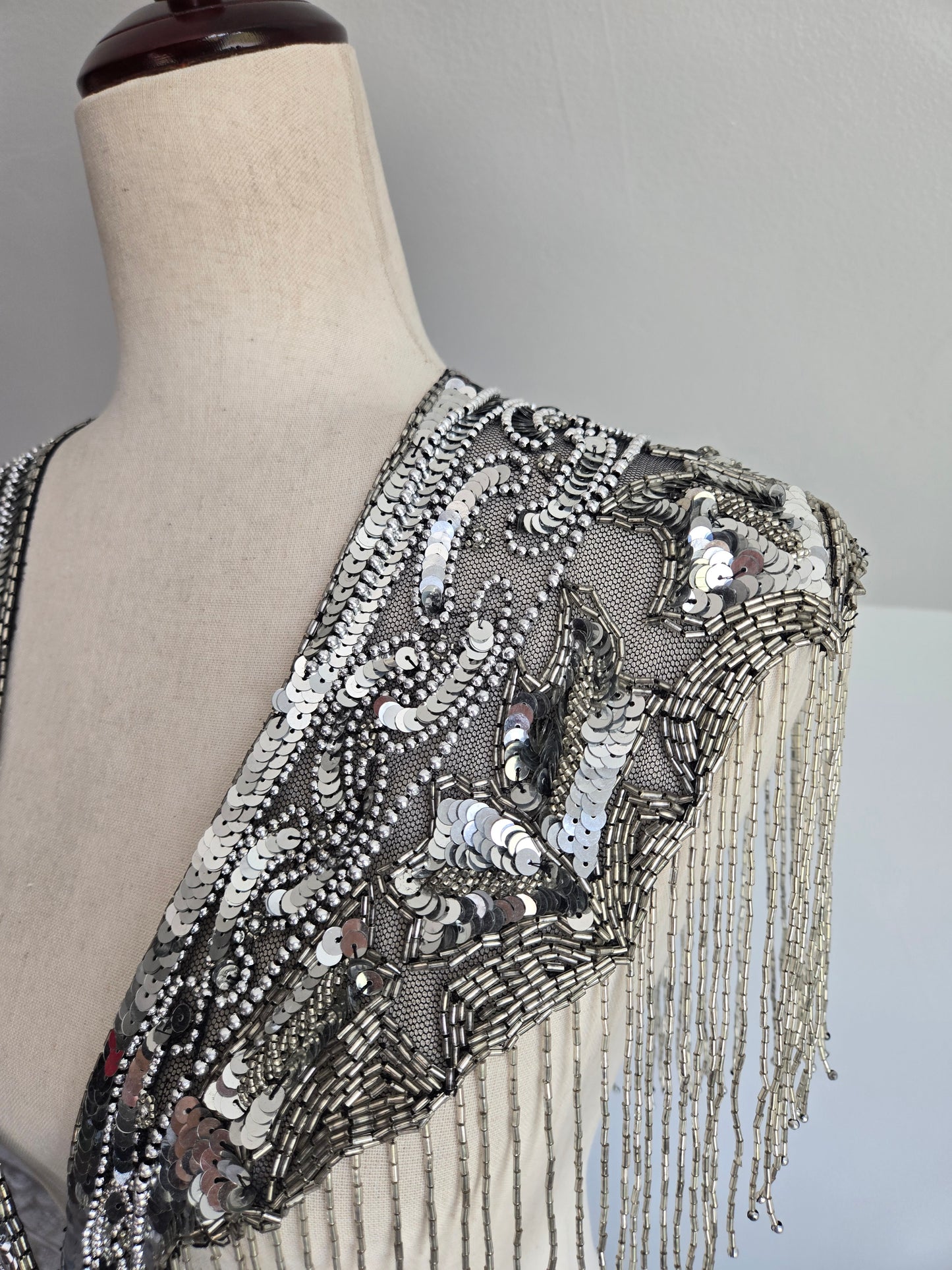 Western Black and Silver Beaded and Sequin Shawl - OS