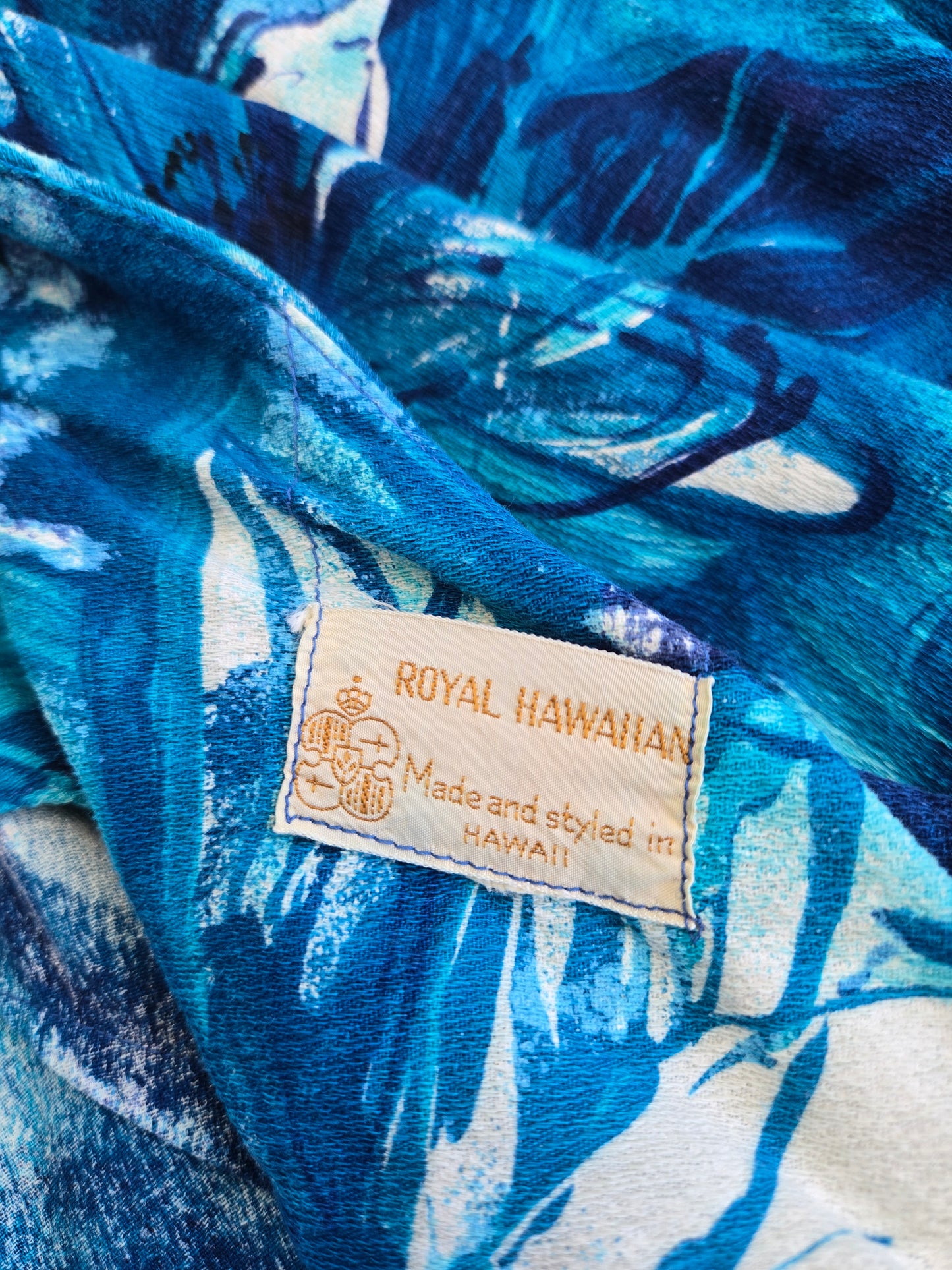 Royal Hawaiian Barkcloth Blue Floral Made in Hawaii Dress - Small
