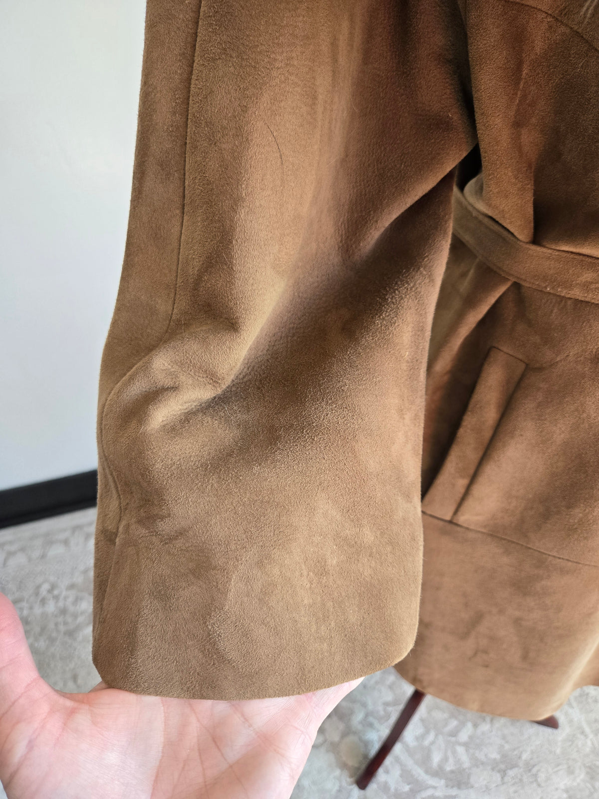 Vintage Suede Leather Coat with Genuine Fur Collar - XL/2XL