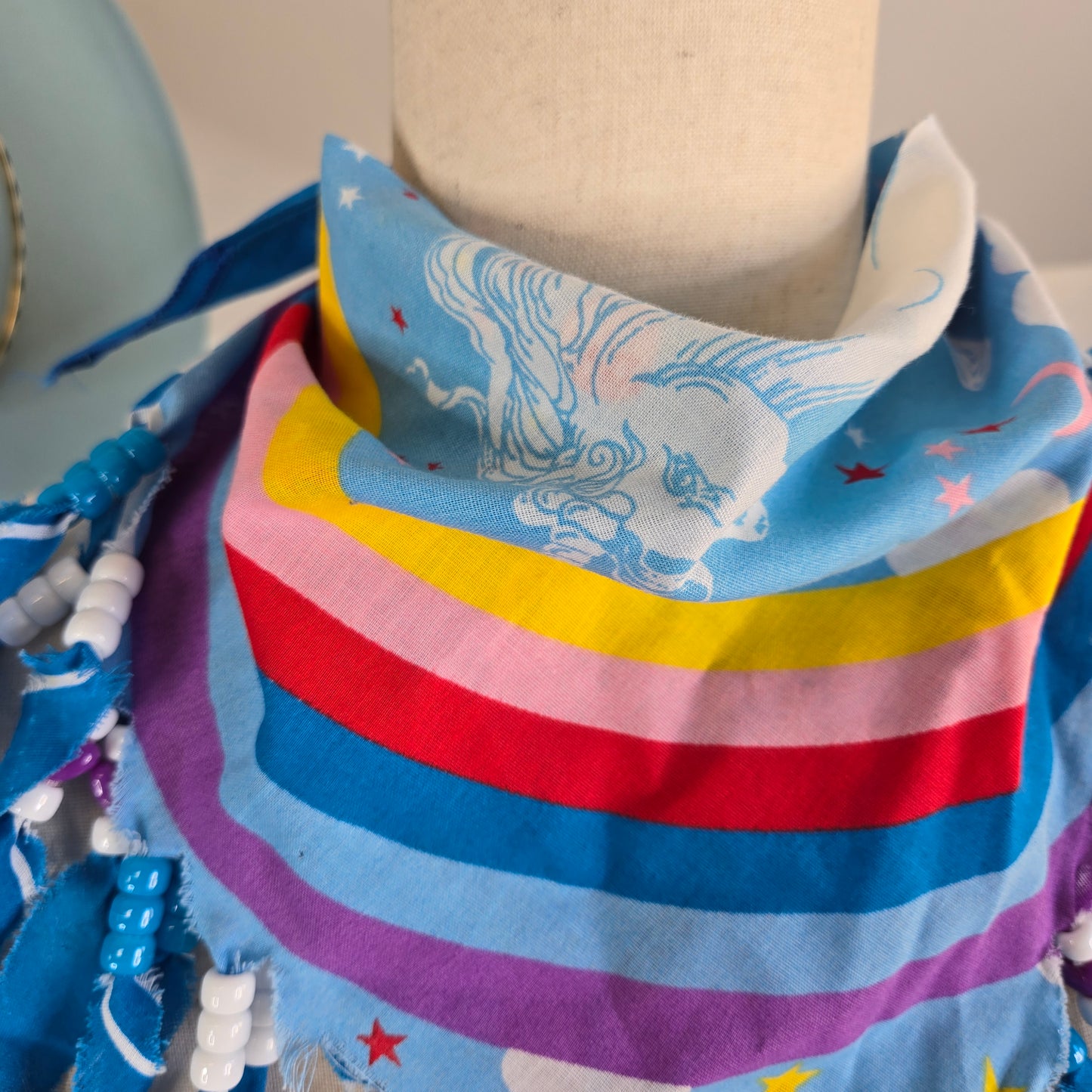 Blue Unicorns and Rainbows Neck Tie Bandana with Beaded Fringe