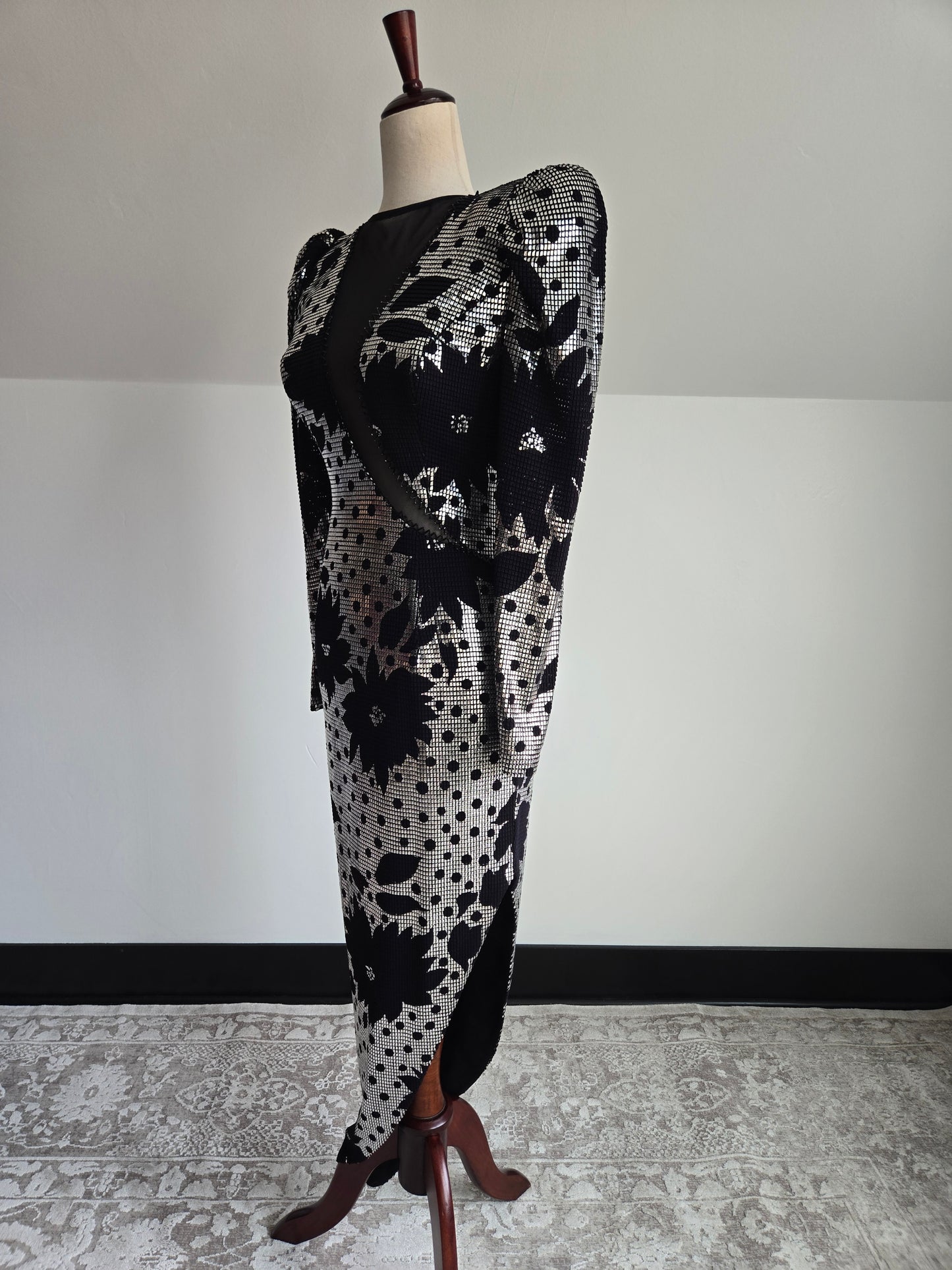 Miss Kansas Estate Black and Silver Janine Asymmetric Hem Dress Made in Italy - XS/S