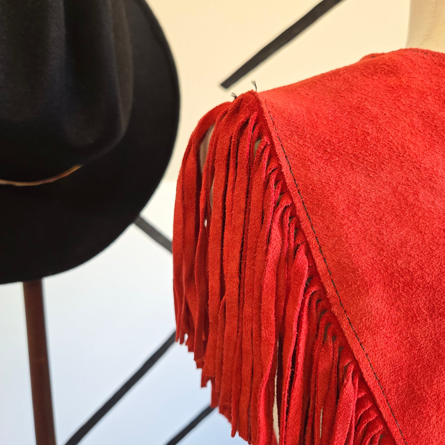 Steer Brand Red Genuine Suede Leather Fringe Cape - OS