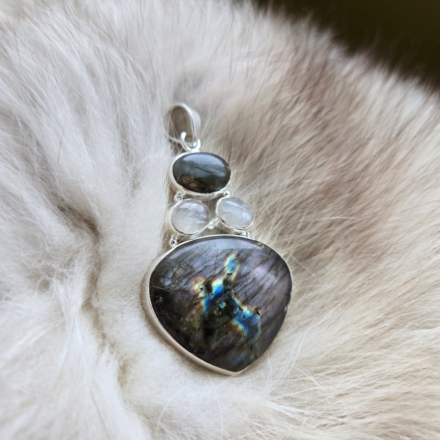 925 Sterling Silver Labradorite and Clear Quartz Pendant