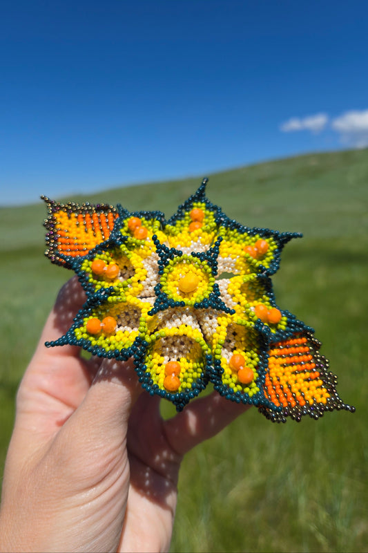 Flower Hand Beaded Hair Barrette - Yellow and Green