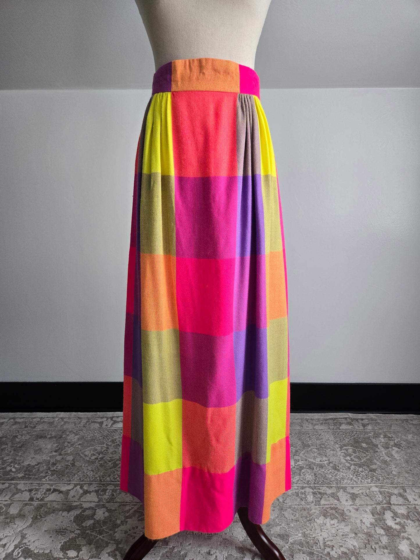 Vintage 70s Neon Plaid Matching Skirt and Scarf Set - W28"