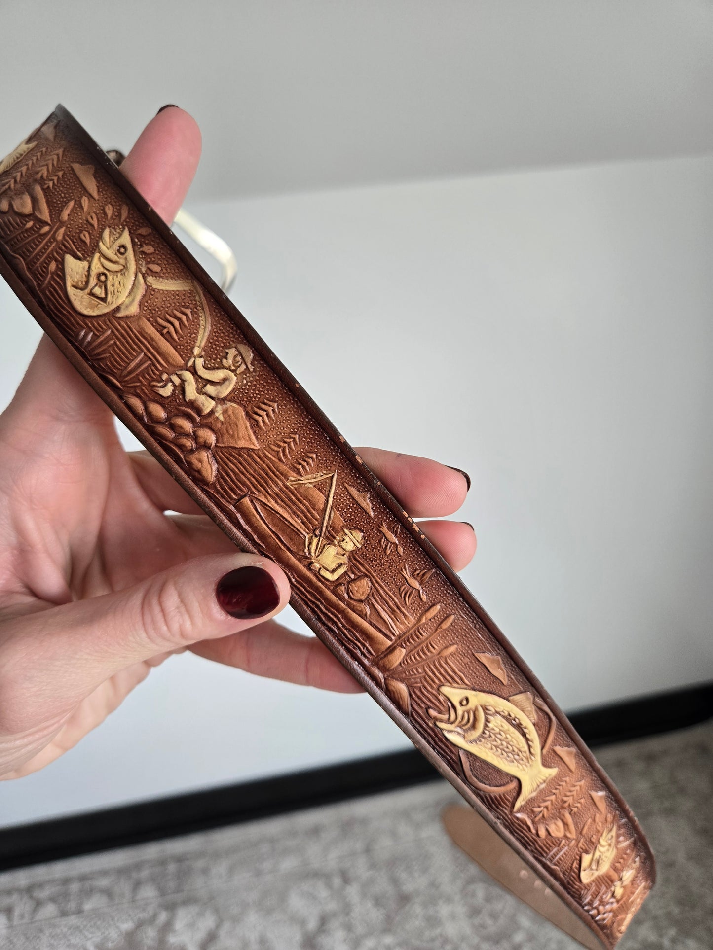 Made in Mexico Tooled Leather Belt in Fishing Pattern - W28-32"