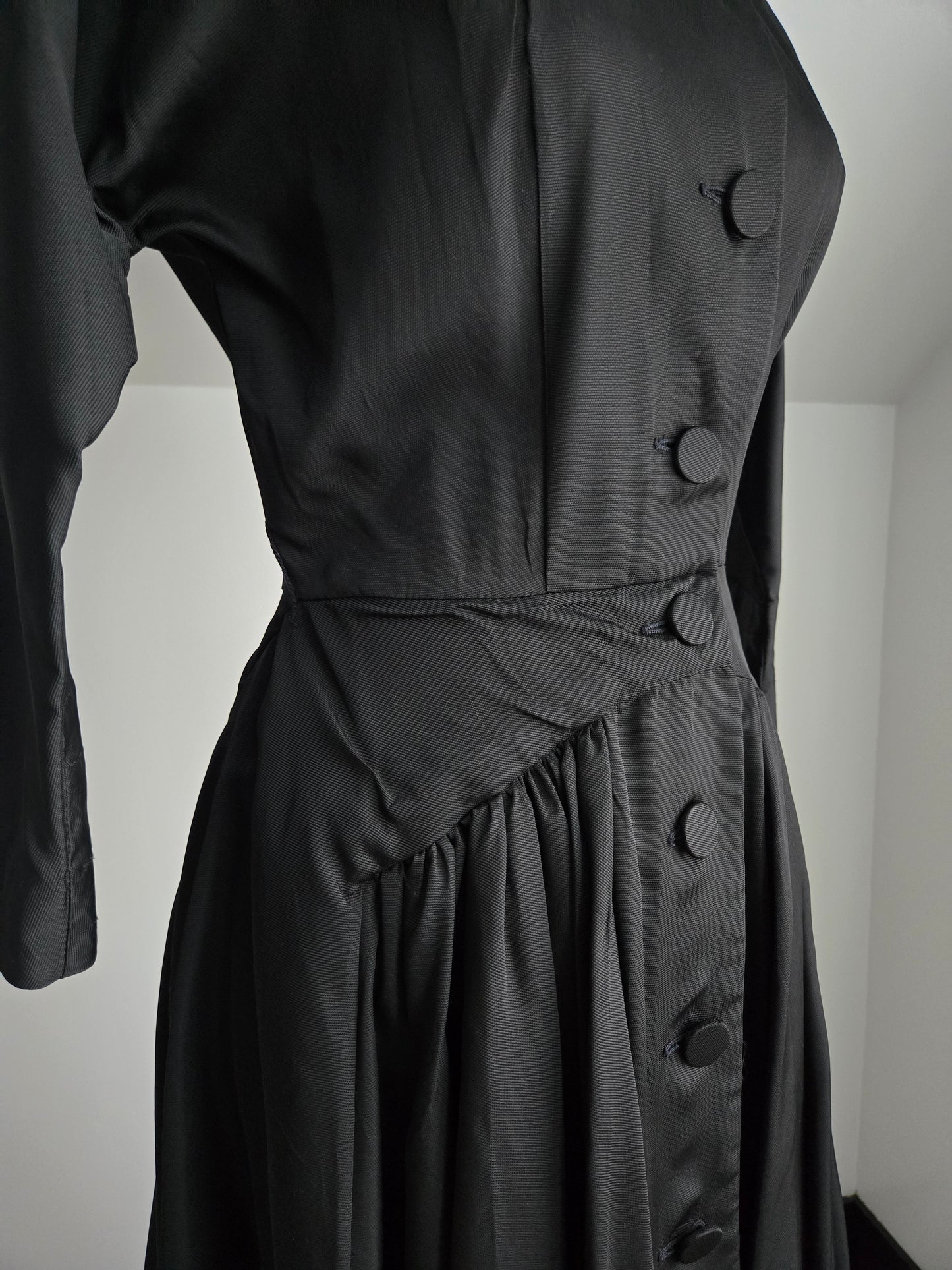 Vintage 1940s Black Satin Day Dress - Small