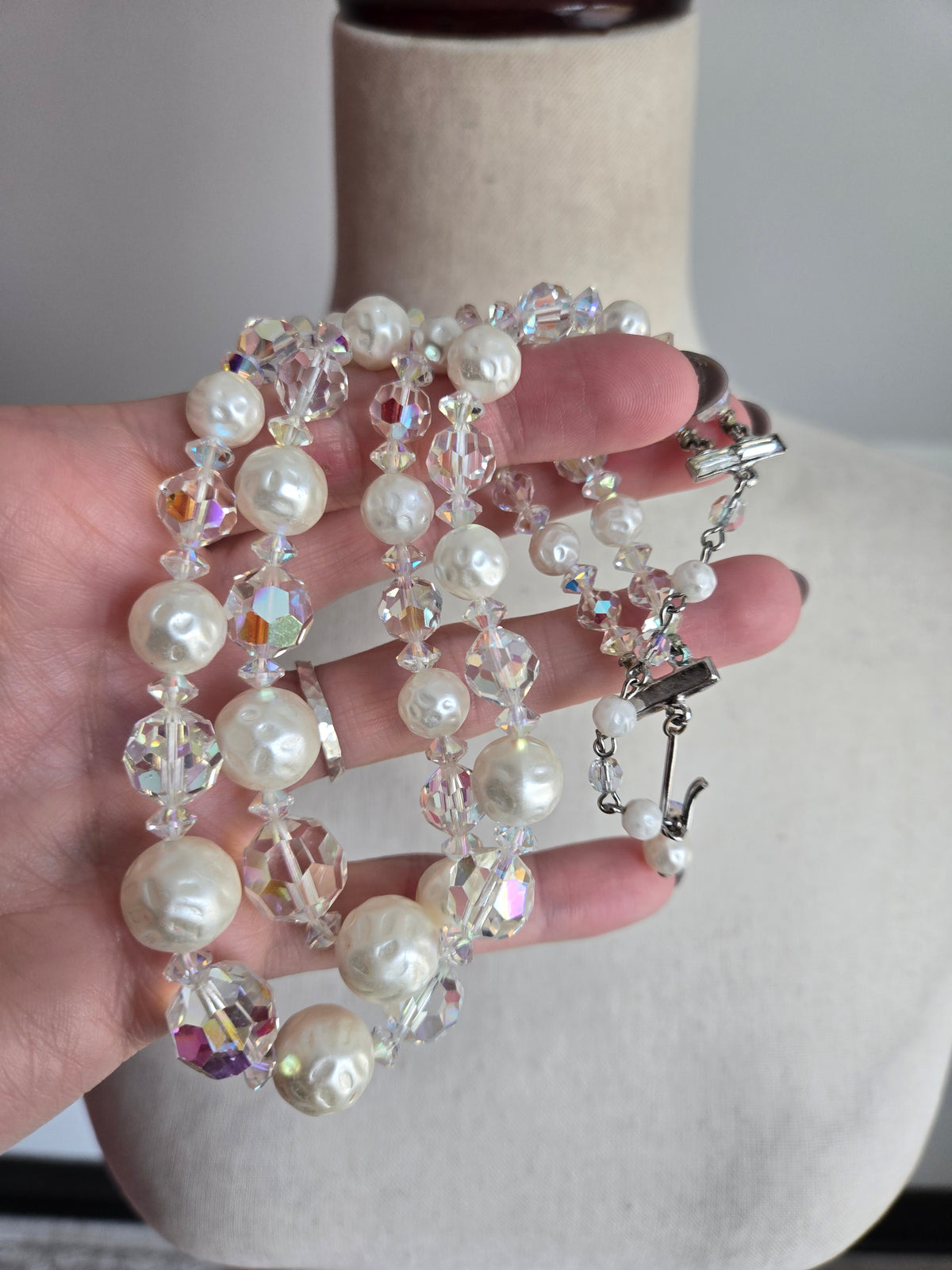 Vintage AB Crystal and Pearl Two-Strand Necklace