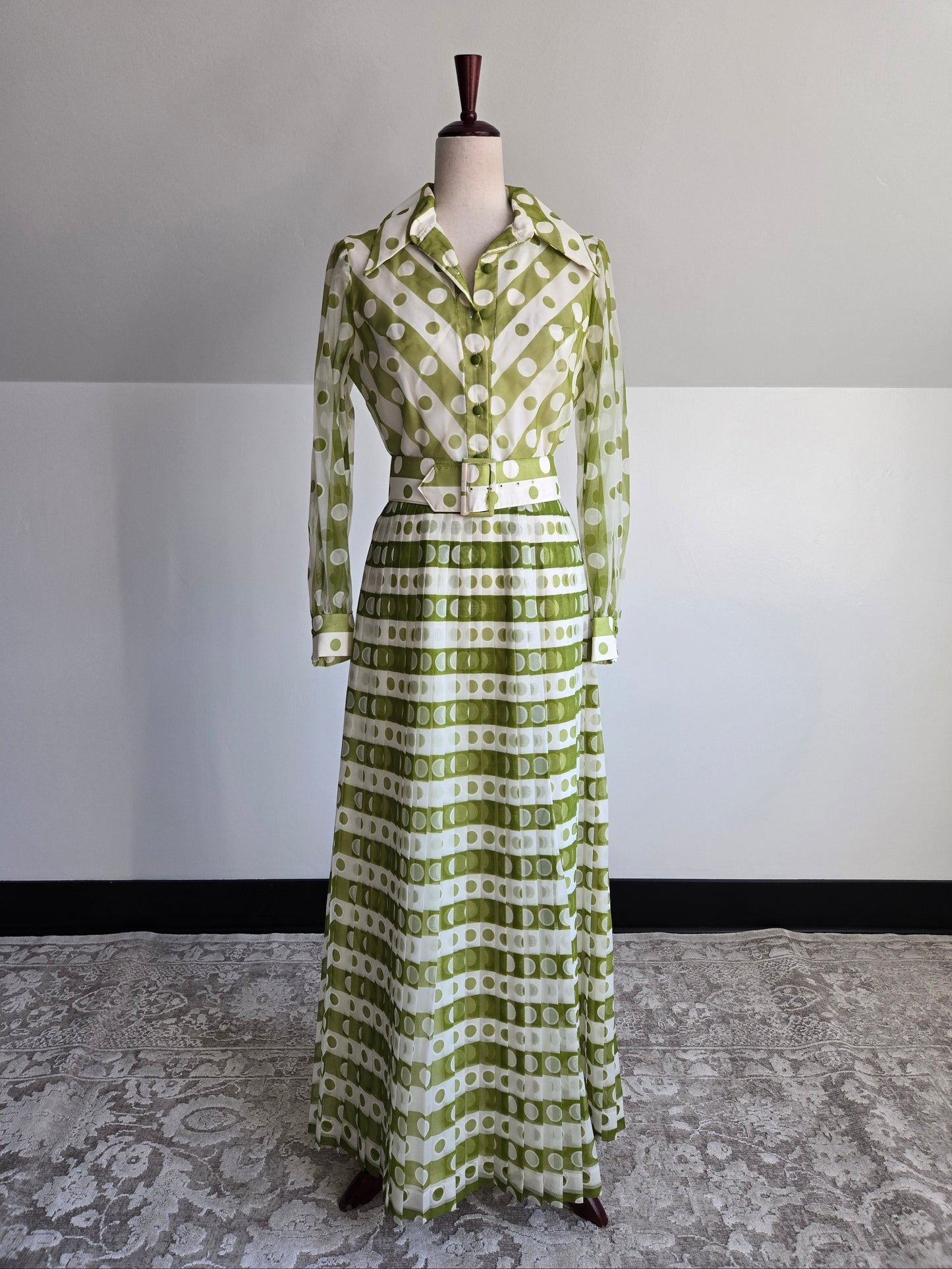 Coco California Vintage 1970s Green and White Polka Dot Stripe Dress -